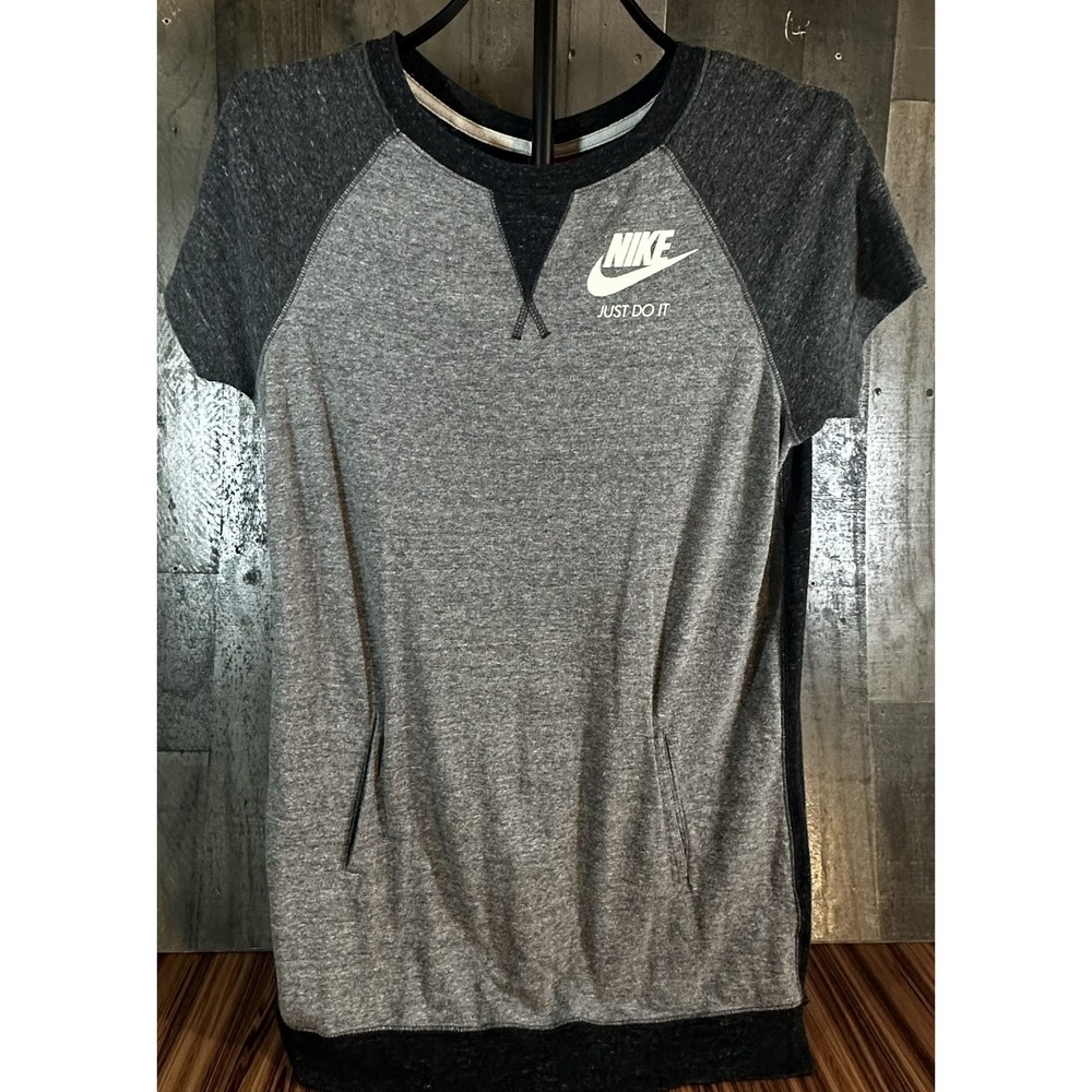Nike Vintage Gym Shirt Womens S Gray Black Raglan Kangaroo Pocket Tee